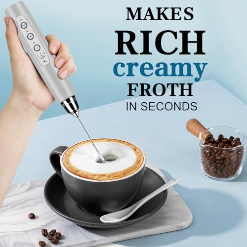 Milk Frother Wand Rechargeable Handheld Whisk Coffee 3 Speed Adjustable (Frother with stand / Silver)