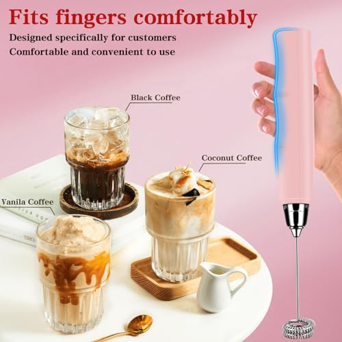 Milk Frother Wand Rechargeable Handheld Whisk Coffee 3 Speed Adjustable (Frother with stand / Pink)