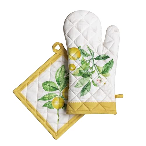 100% Cotton Oven Mitt & Pot Holder Set (004 - Limoncello / 7.5" x 13" & 8" x 8" (Oven Mitt & Pot Holder))