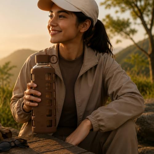 40oz / 32oz / 22oz / 12oz Borosilicate Glass Water Bottle with Time & Volume Markers, Silicone Sleeve, Stainless Steel Lid – Reusable Glass Bottle for Water & Juice (40oz Earth Brown) (Earth Brown (1 Count) / 40 Ounces)