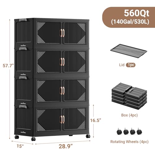 V60 560QT Plastic Stackable Storage Bins with Lid (Black / 140QT-4Pack)