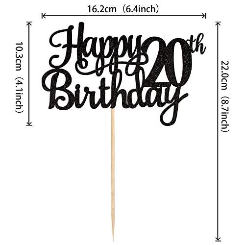 1 PCS Happy 20th Birthday Cake Topper Glitter Cheers to 20 Years Birthday Cake Pick Twenty 20 Fabulous Cake Decoration for Happy 20th Birthday Theme Party Decorations Supplies Black (Black / 20th)