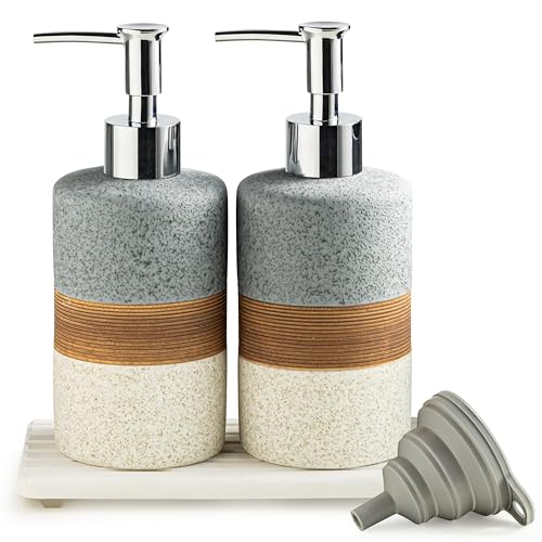 Ceramic Soap Dispenser Set of 2 (Gray and White / 2xSoap Dispenser Set with Tray)
