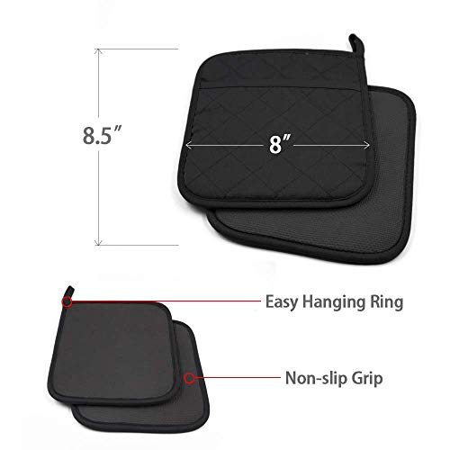 2Pcs Cotton and Neoprene Oven Pads Pot Holders with Pocket 8"x8.5" Dual (Black)