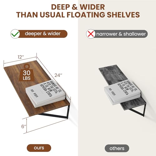 24W x 12D Deep Floating Shelves Set of 2 Walnut (Walnut With Black Metal Bracket / 24wx12dx5.8h)