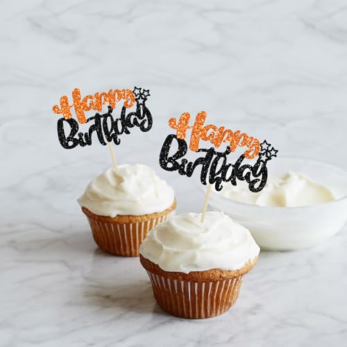 24Pcs Happy Birthday Cupcake Toppers Double Layer Glitter Happy Birthday Cake Decorations for Halloween Baby Shower Theme Anniversary Party Cake Decorations Supplies Black Orange (Style 1 / Black Orange)