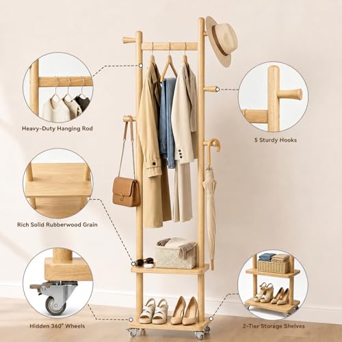 Small Clothes Rack Solid Wood Coat Rack Freestanding with Wheels