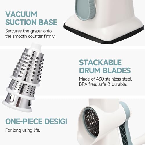 Rotary Cheese Grater with Handle Kitchen Shredder Slicer Grater Slicer Ice Shaver Cheese Vegetable Nuts Potato Zucchini Chocolate 3 Interchangeable Blades