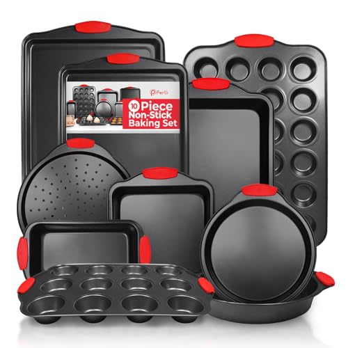 Non-Stick 10-Piece Baking Pan Set, BPA-Free Carbon Steel Bakeware Set with Silicone Handles, Stackable Kitchen Oven Set, Cookie Sheet, Baking Tray, Baking Sheet Set, Oven Safe (446°F) (10 Piece)