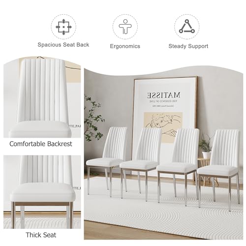 White Dining Chairs Set of 4 Modern Kitchen Chairs Set PU Leather Chair with Chrome Legs Armless Upholstered Chair for Dinner Room (S- White)