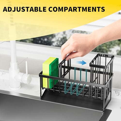 Sink Caddy Sponge Holder for Kitchen with Brush Holder and Stainless Steel Self Drain Tray (9.25'' / Black)
