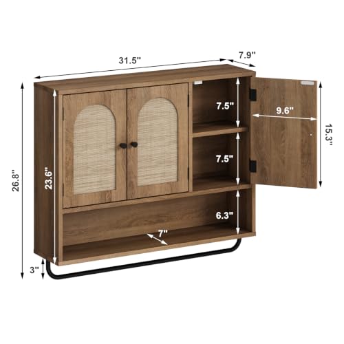 Rattan Bathroom Wall Cabinet (Natural Oak / 3 Doors)