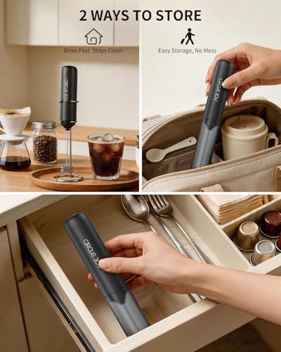 Rechargeable Milk Frother Handheld with Stand (Stand Black)