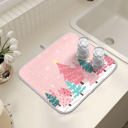 Christmas Tree Pink Dish Drying Mat for Kitchen Counter Absorbent Microfiber Large Drying Pad Winter White Snowflake Xmas Dish Mats for Kitchen Countertops 18 x 24 Inch (Christmas Tree Pink / 24" x 18")