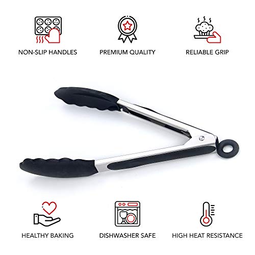 Kitchen Tongs for Cooking with Silicone Tips by Boxiki Kitchen (Black Silicon)