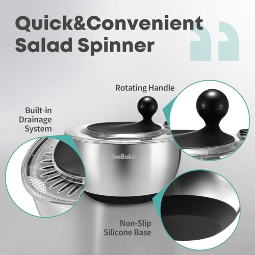 5.3Qt Stainless Steel Salad Spinner with Stop Button (Black)