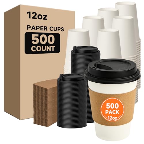 500 Pack 12 oz Disposable Coffee Cups with Lids and Sleeves (White / 12 oz)