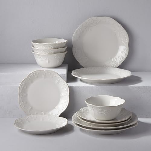 French Perle White Stoneware Dinnerware Set with All (12-Piece Dinnerware Set, All-Purpose Bowls)