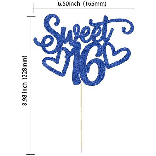 1Pc Sweet Teenager 16 Cake Topper Glitter 16th Birthday Cake Pick for Cheers to 16 Years Old 16th Birthday Party Cake Decorations Supplies Blue