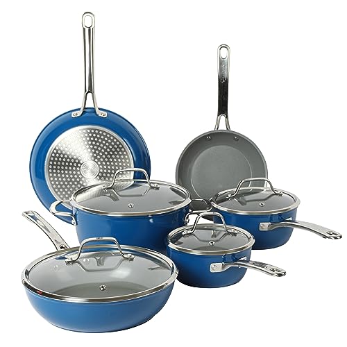 Kitchen Essentials 10 Piece PFA Free Titanium Ceramic Nonstick Interior Forged Aluminum Cookware Pots and Pans Set (Blue / 10-Piece Cookware Set)