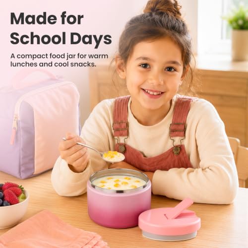 12oz Insulated Vacuum Food Jar with Buckle Lid Wide Mouth Soup Thermo for Hot Food Kids Leakproof Stainless Steel Lunch Container (Gradient Pink / 12OZ)