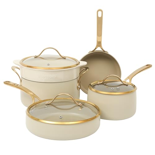 Pots and Pans Set (Almond Cream w/ Gold Handle / 8-Piece Cookware Set)