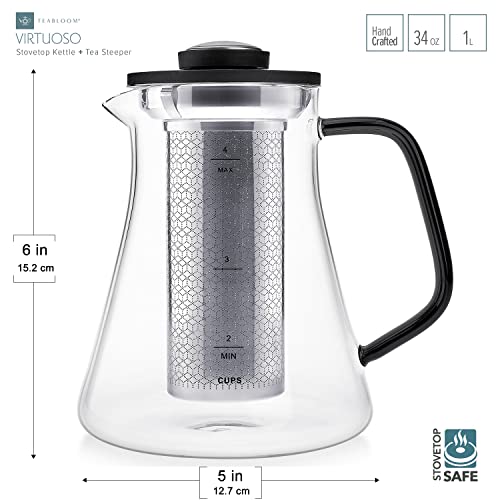 2-in-1 Tea Kettle and Tea Steeper - Glass Teapot with Thermometer and Stainless Steel Loose leaf Tea Infuser, No Whistle Kettles, Virtuoso 34-Ounce Tea Maker