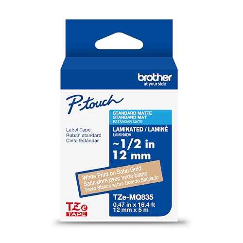 Genuine P Touch TZe White Print on Satin Gold Label Tape (White on Satin Gold / 12mm (0.47”) / Pack of 1)