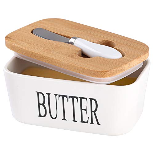 Ceramic Butter Dish with Bamboo Lid and Stainless Steel Knife Spreader (White)