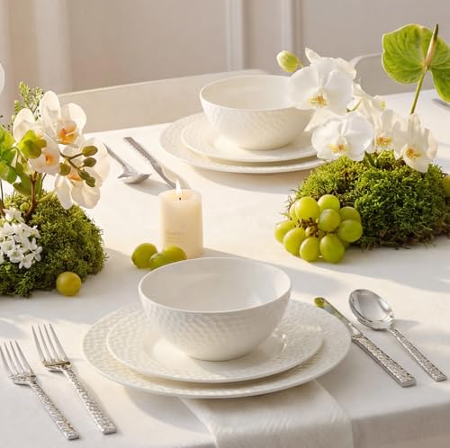 18Pcs Hammered Rim White Bone China Set (White-hammered / service for 6-18pcs)