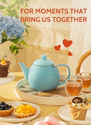 Teapot Porcelain Tea Pot with Stainless Steel Infuser (Turquoise / 27oz (with infuser))