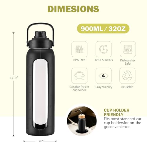 32 oz Glass Water Bottle with Straw and 2 Lids (Black / 32 Ounces)