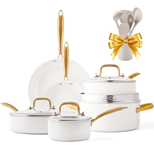 Pots and Pans Set Nonstick Granite Gold Cookware Set