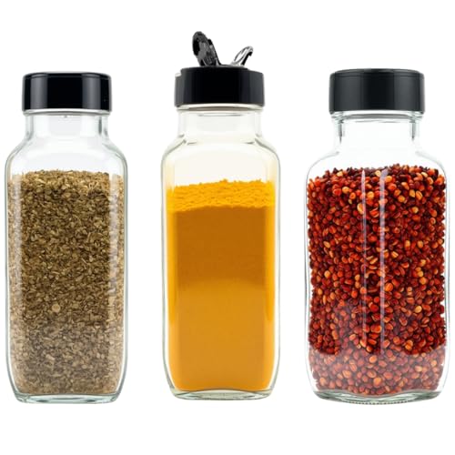 Glass Spice Jars with Shaker Lids (French Square 8oz Black Set of 3)