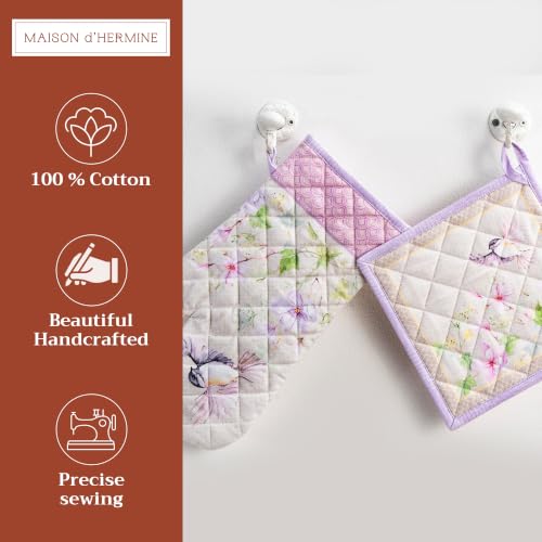 100% Cotton Oven Mitt & Pot Holder Set (092 - Magnolia Mornings / 7.5" x 13" & 8" x 8" (Oven Mitt & Pot Holder))