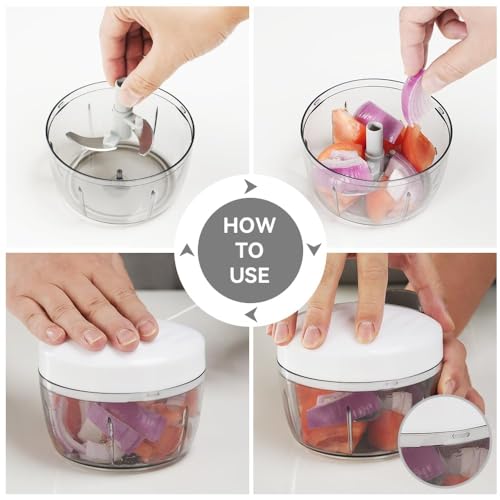 Manual Food Processor Vegetable Chopper 2.3 Cup Small Mini Hand Pull String Onion Chopper Garlic Mincer Cutter with 3 Stainless Steel Blades (White Grey - 2.3 Cup)
