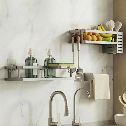 5-in-1 Shower Caddy & Kitchen Organizer Set, Wall Mount Wide Spice Rack with Paper Towel Holder, Utensil Holder, Soap Dish, Rustproof Mesh Baskets Hold 50LBS - Silver Gray, Guardrail (Silver Grey / 5-in-1 Minimalist (12.6" Wide))