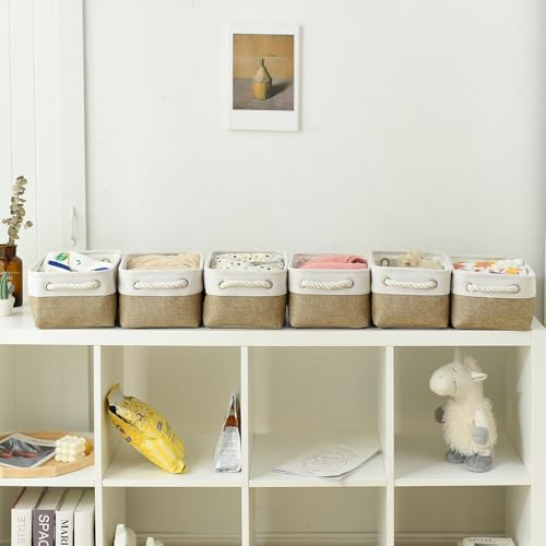 Storage Basket for Organizing (White & Khaki / Small -11.8Lx7.9Wx5.2H)