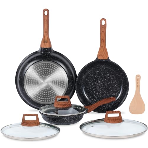 Nonstick Ceramic Frying Pans Skillets Set with Lids (8"+9.5"+11" Set w/Lids / Black)