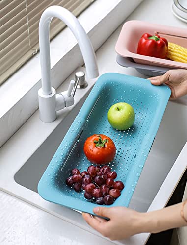 Collapsible Sink Colanders and Strainers Basket Over the Colander Extendable Plastic Fruit Vegetable Strainer Drainer for Kitchen (I-Double Green)