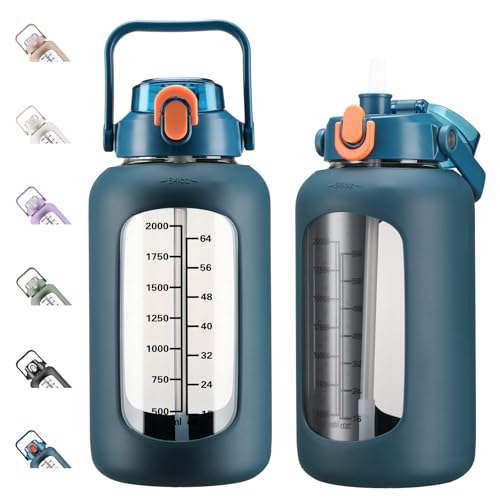 84oz Glass Water Bottle with Straw (Blue / 84 Ounces)