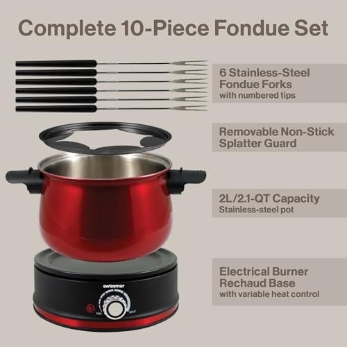 Arolla 10 Pieces Stainless Steel Electric Fondue Set (Red)