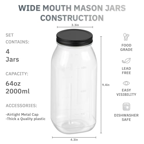 64 oz Large Plastic Mason Jars with Airtight Lids Wide Mouth (3 Pack Black)