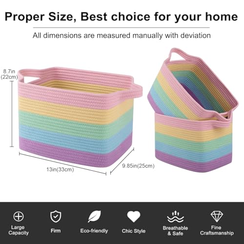 Cotton Rope Storage Baskets for Organizing Rainbow Pastel 3 (Rainbow Pastel / 3 pcs-13”x9.9”x8.7”)