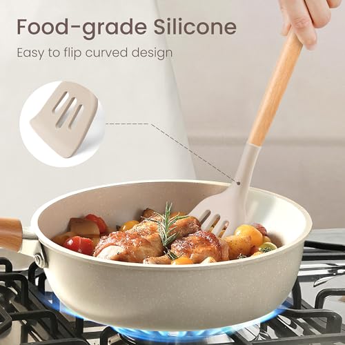 26 Piece Food Grade Silicone Kitchen Utensils Set with Wooden Handles (Khaki-B / 26 Piece)