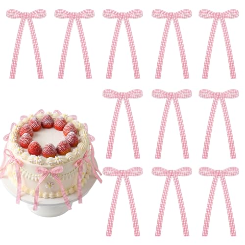 30 Pack Bow Cake Toppers Pink Gingham Ribbon Bows for Cake (Pink Gingham)