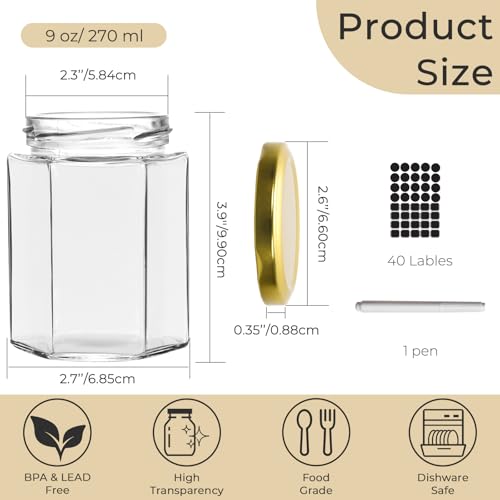 20 Pack 9 oz Clear Hexagon Glass Jars with Gold Lids (9 oz Glass Jars with Gold Lids - 20 Pack)