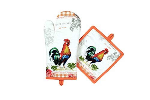 Oven Mitts and Pot Holders Sets Heat Resistant (7x13 inches & 8x8 inches / Farm Rooster)
