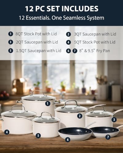12pc Forged Lightweight Cookware Set (Vanilla Cream (G10))