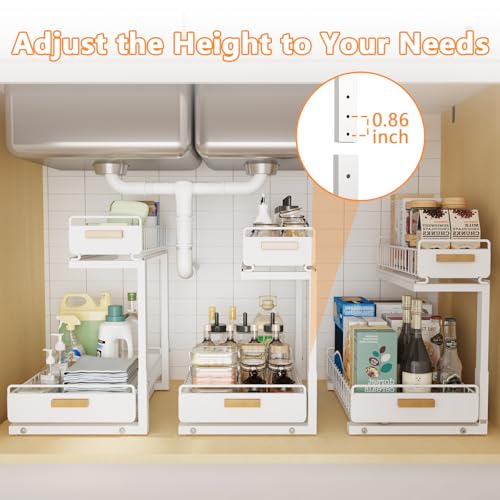 2 Pack Under Sink Organizer with Ball Bearing Sliding Drawer (2 Pack Double Layer / White)